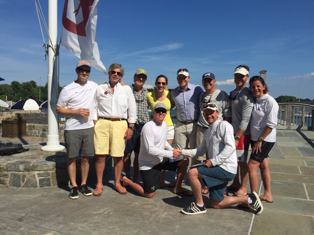 Danny Pletsch (front left) and Cardwell Potts (front right) with other Larchmont YC members celebrating their winning the 2015 Viper New England Championshio