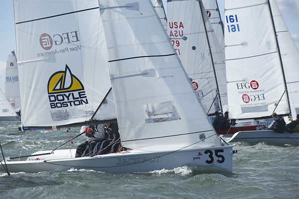 Brad Boston winning the boat end of line and flipping onto port - note signal boat chain to left in pix.