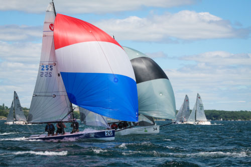 Close downwind racing in NA's during breeze in Kingston, Ontario